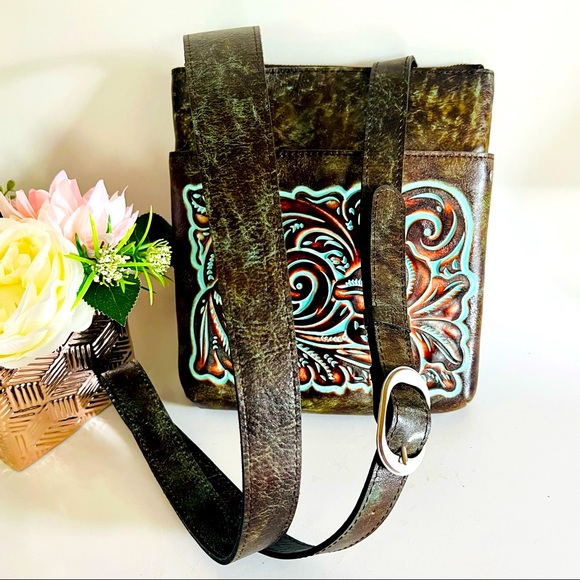 Patricia Nash Crossbody Bag Tooled Turquoise Stipes Sling Crossbody Bag - Picture 3 of 16